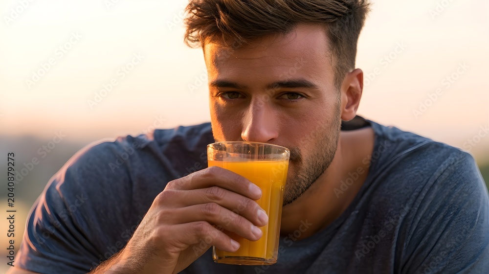 Fototapeta premium A person enjoys a refreshing vibrant drink during the warm glowing afternoon light