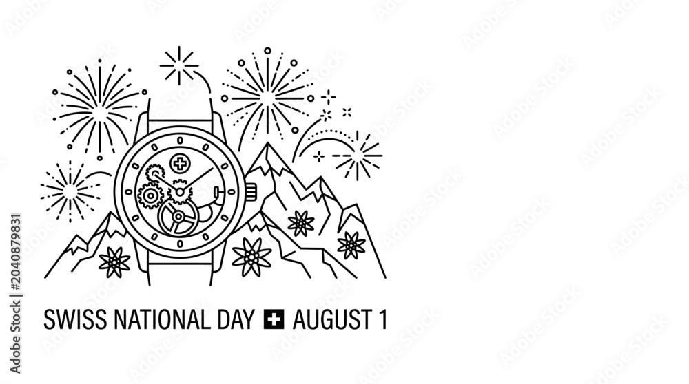 Naklejka premium Swiss National Day Celebration with Watch, Mountains, Fireworks, and Flowers