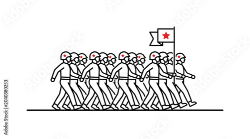 Photos Uniformed Soldiers Marching in Formation with Flag, Minimalist Line Art