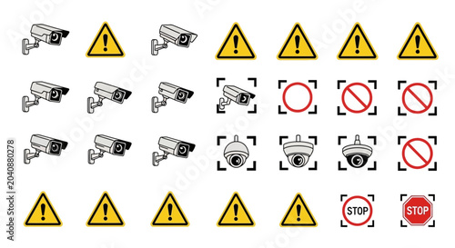 Security Camera and Warning Sign Icons for Monitoring and Safety