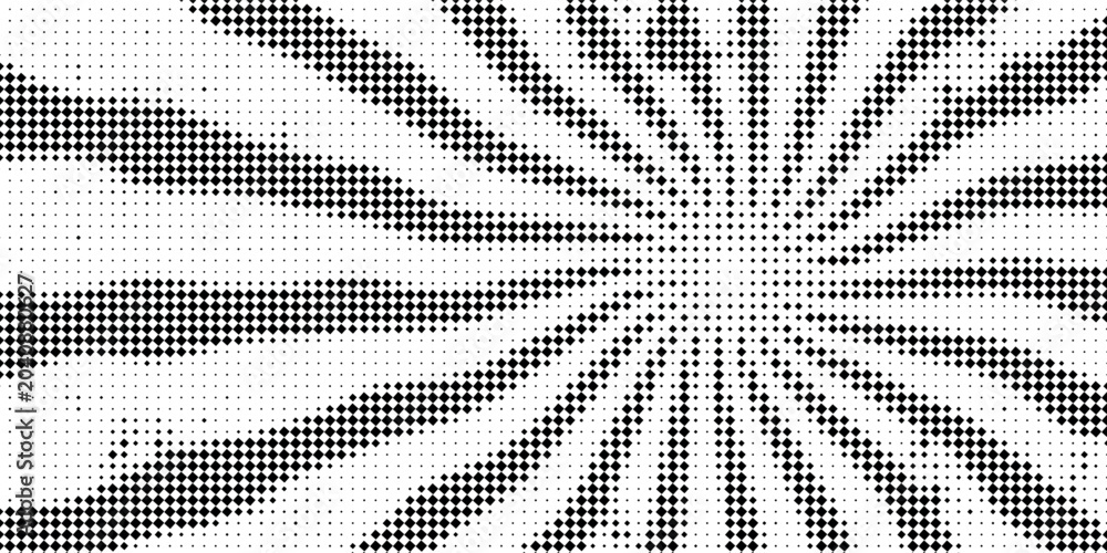 Fototapeta premium Halftone gradient sun rays pattern. Abstract halftone color dots background. Red pop art, comic small dots. star rays halftone poster. shine, explosion. sunrise rays background.