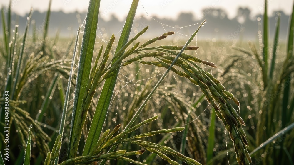 Fototapeta premium Green rice ears with sparkling morning dew drops.