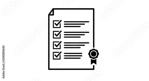 Certified audit checklist icon vector image showcasing a completed list sheet document with quality guarantee badge rosette symbol representing evaluation compliance and official approval