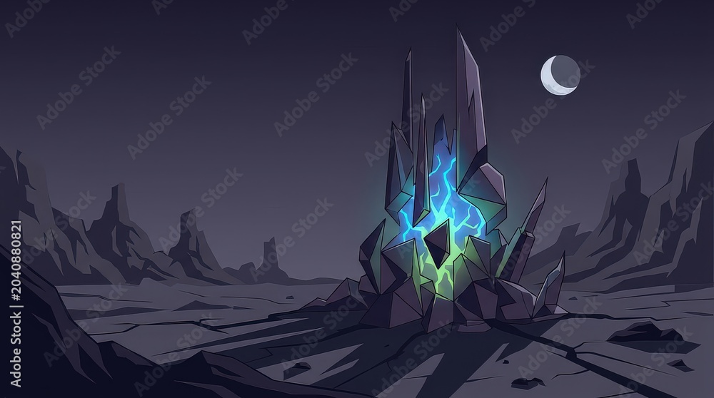 Fototapeta premium Glowing Crystal Horror Construct in Alien Desert Night 