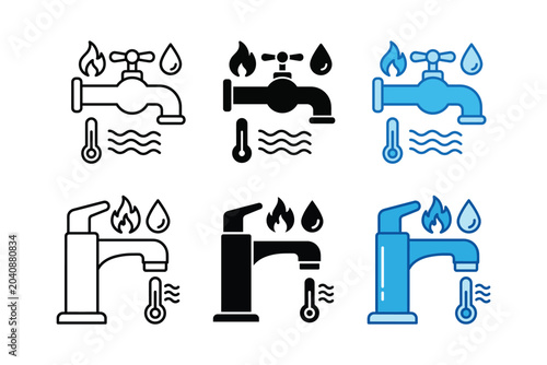 Hot water tap icons set, vector illustration of faucets with heat symbols