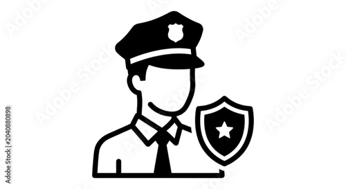 Fotografía A minimalist black and white vector image icon of a security guard or police officer wearing a uniform cap next to a shield badge