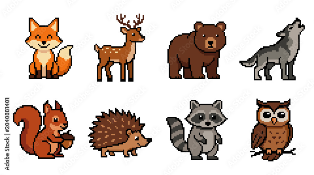 Obraz premium Pixel art forest animals set with fox, deer, bear, wolf, squirrel, hedgehog, raccoon, and owl icons illustrating nature wildlife
