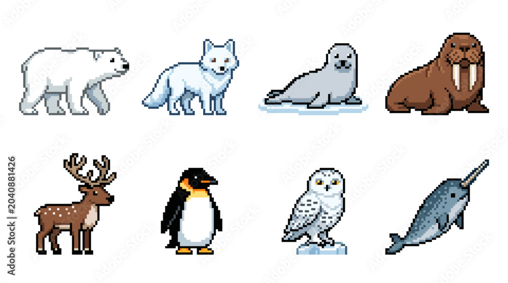 Obraz premium Pixel art arctic animals set featuring polar bear, fox, seal, walrus, reindeer, penguin, snowy owl and narwhal icons