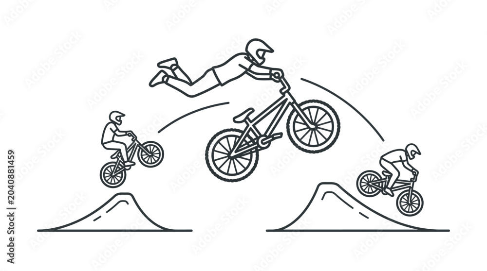 Naklejka premium BMX rider performing aerial extension trick over dirt jumps.