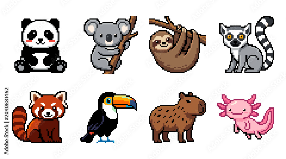 Fototapeta premium Eight cute pixel art wild animals, including a panda, koala, sloth, ring-tailed lemur, red panda, toucan, capybara, and axolotl