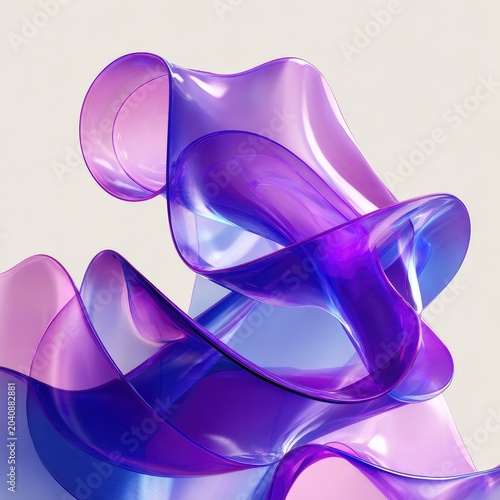 Flowing, iridescent ribbons of purple and blue shimmer against a soft, neutral background