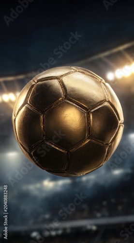 Golden sphere suspended mid-air against a blurred stadium backdrop