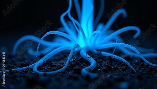 A bioluminescent blue organism with tentacle-like tendrils glows intensely against dark, granular soil, resembling a fantastical alien plant or fungi.