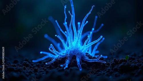 A bioluminescent blue organism with delicate, branching tendrils glows brightly against dark, granular soil, resembling a fantastical alien plant or fungi.