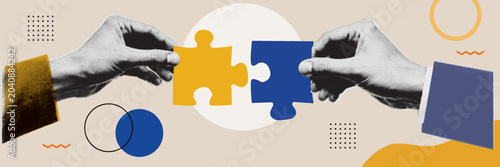 Photos Two Hands Connecting Yellow and Blue Puzzle Pieces Halftone Collage Illustration