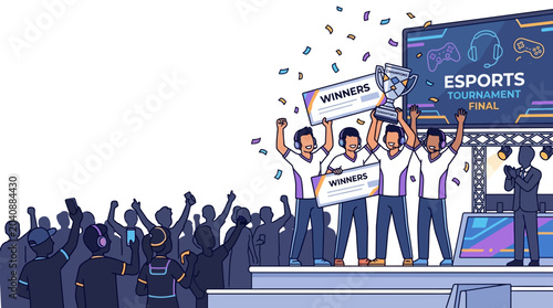Cuadro en lienzo Esports tournament winners celebrating victory on stage with trophy and confetti