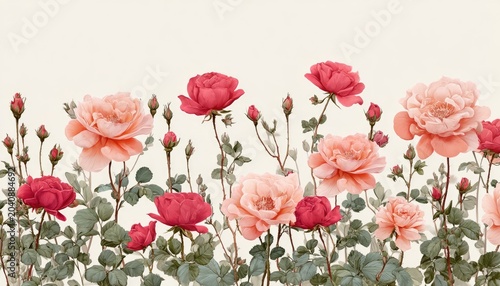 Elegant floral border of roses, blossoms, and buds on a soft background