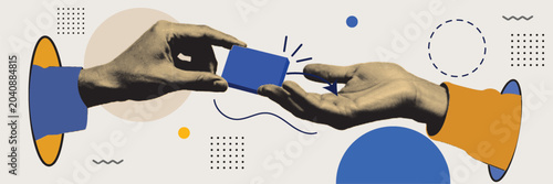 Fotografie Two Hands Exchanging Blue Card Gift Box Halftone Collage Illustration with Geome