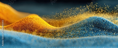 Golden and blue particles form abstract, undulating dunes under a dark sky