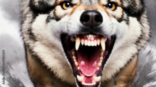 Mad wolf, animal rabies. An enraged animal lunges straight at the camera, its mouth wide open, revealing sharp teeth