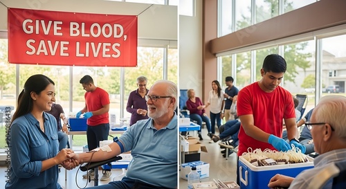 Diverse group of people participating in a community blood donation drive event.