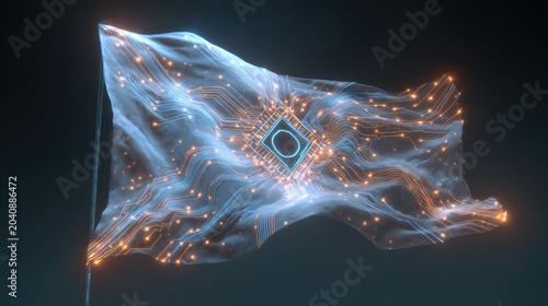 Translucent digital flag with glowing circuits and central chip symbol