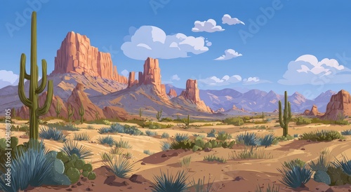 Arid landscape with towering mesas, cacti, and sparse desert flora under blue skies