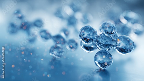 Gleaming transparent molecular structures with tiny glowing particles in soft focus