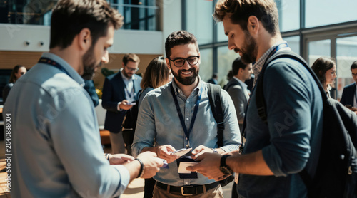 Men exchange business cards at a conference event. Professionals network, share contacts, talk business, make connections at a convention or trade show meeting.
