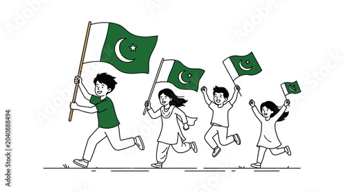 Canvastavla Group of Happy Children Running and Waving Pakistani Flags.