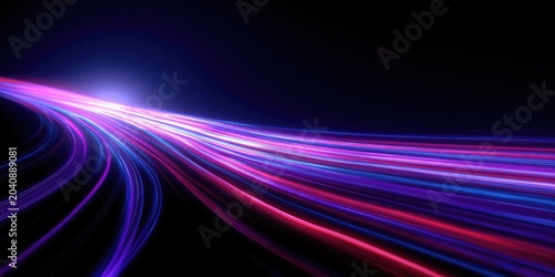 Vivid neon light streaks create a sense of speed and movement against darkness