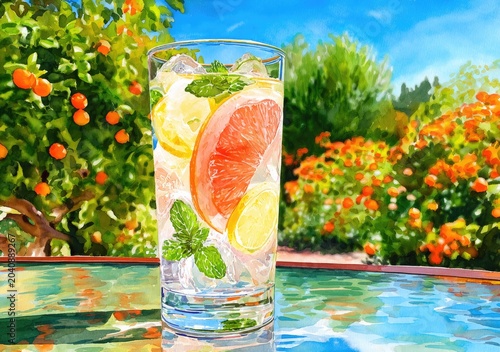 Refreshing citrus drink with fruit slices and mint, in a sunny garden setting
