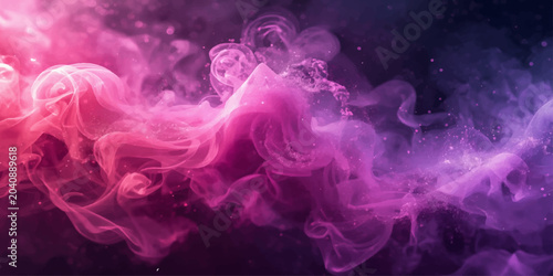 Ethereal pink and purple smoke waves flowing through a dark cosmic background, glowing particles, dreamy abstract energy, cinematic lighting.