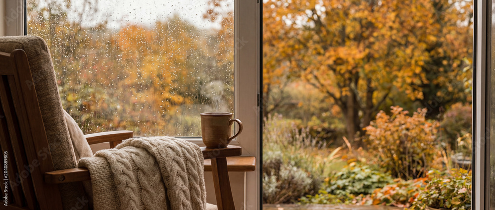 Obraz premium Relaxing at home enjoying a hot drink on a rainy autumn day, with colorful fall leaves in garden viewed through window