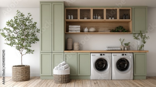Serene sage green laundry room with modern machines, wood accents, and lush plant