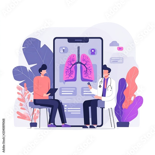 Telemedicine consultation illustration of doctor and patient reviewing a digital lung scan on a tablet