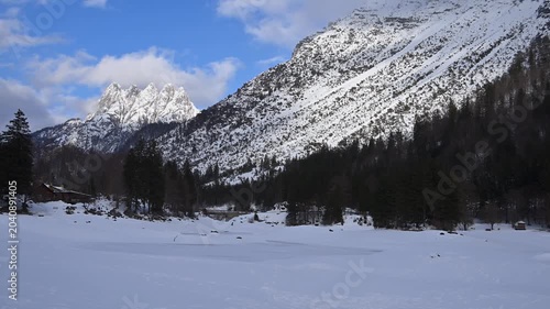 A winter of magic and mystery. Lake Predil in winter. Tarvisio.