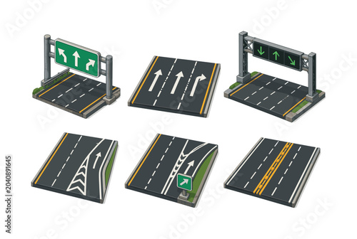 Motorway lane guide. Isometric flat vector icons set of Motorway lane guide: lane direction sign, highway lane arrows, overhead gantry board, merge lane marker, exit lane indicator, road divider