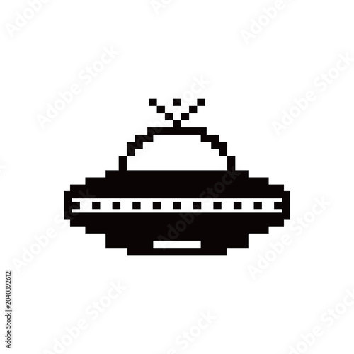 Geometric black pixel art flying saucer icon ideal for scifi themed projects and minimalistic designs in need of a sleek space vessel.