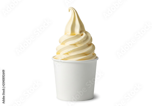 Creamy vanilla soft serve ice cream swirl in a plain white paper cup isolated on a clean white background delicious isolated refreshing indulgence