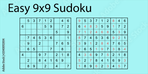 Fotografie Vector illustration of an easy 9x9 Sudoku puzzle with numbers filled in and a bl