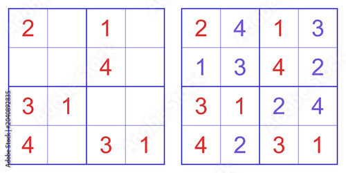 Принти на полотні Vector illustration of two completed Sudoku puzzles with distinct number arrange