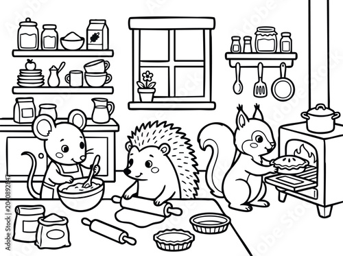 Three woodland friends baking pies in a cozy kitchen, fun adventure