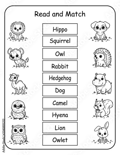 Printable wild animal read and match worksheets for preschool and kindergarten learners. Kids read each wildlife word and draw a line to its matching picture, building word recognition and early liter