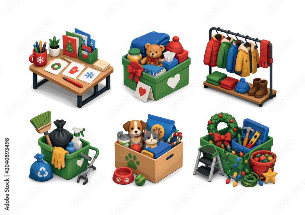 Naklejka premium Holiday volunteer ideas. Isometric flat vector icons set of Holiday volunteer ideas: greeting card writing desk, elderly care package, winter clothing donation rack, neighborhood cleanup kit, animal