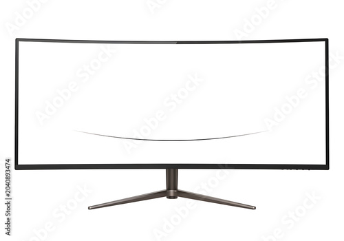 Modern curved widescreen monitor with blank white screen and black tripod stand widescreen technology computer electronics peripheral equipment isolated