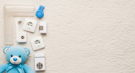 Blue teddy bear beside light switches.