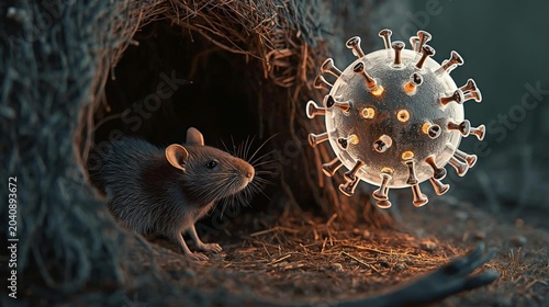This 3D concept illustration depicts a small brown rat near its nest hole, facing a model of a large, floating virus particle. This image represents zoonotic disease transmission, animal-borne viruses