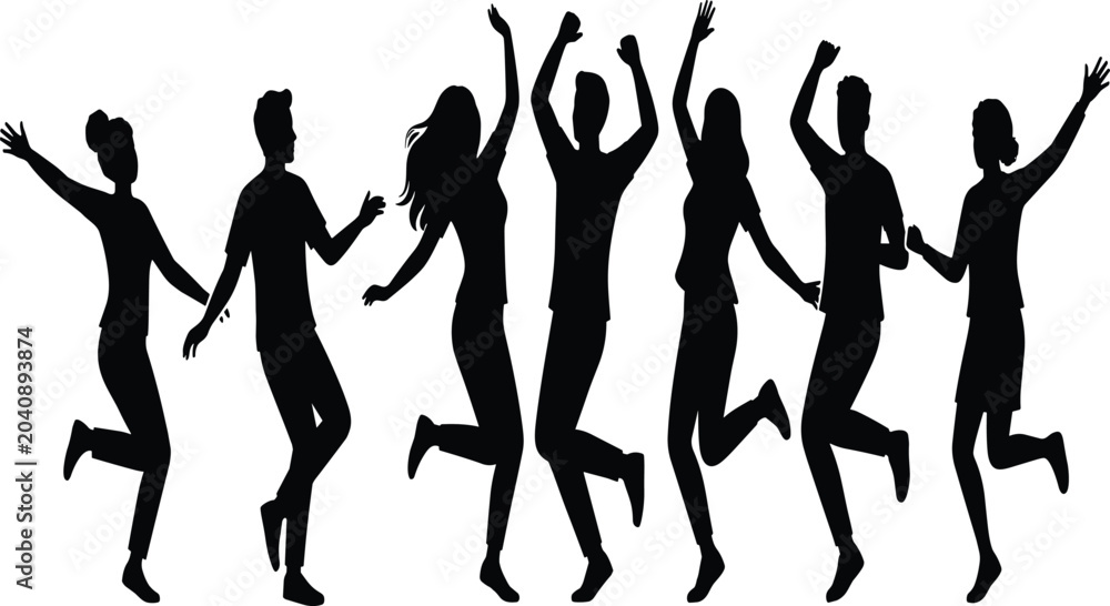 Fototapeta premium Group of jumping and dancing people silhouettes in expressive motion poses for creative design and commercial projects