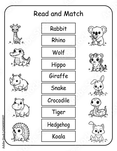 Printable wild animal read and match worksheets for preschool and kindergarten learners. Kids read each wildlife word and draw a line to its matching picture, building word recognition and early liter